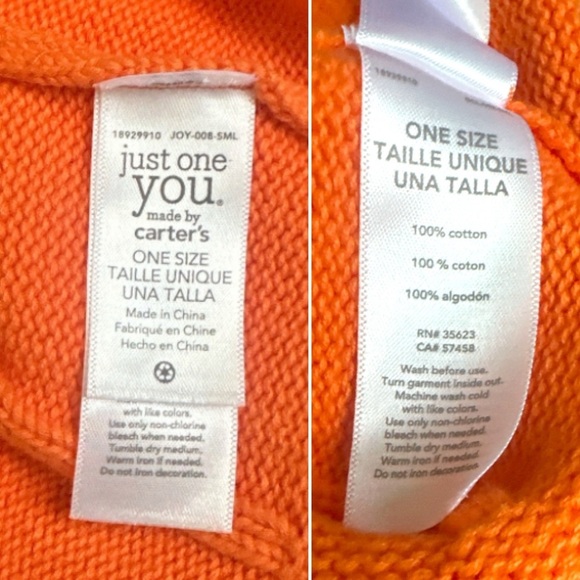 Carter's Pumpkin Baby Beanie One Size Orange Knit Hat 100% Cotton - Picture 4 of 4